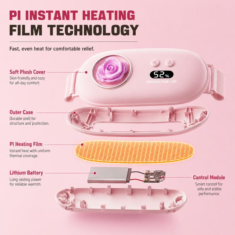 Pink warming waist belt open to show heating film and internal battery module