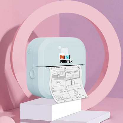 Light blue mini inkless thermal printer with paper card loaded