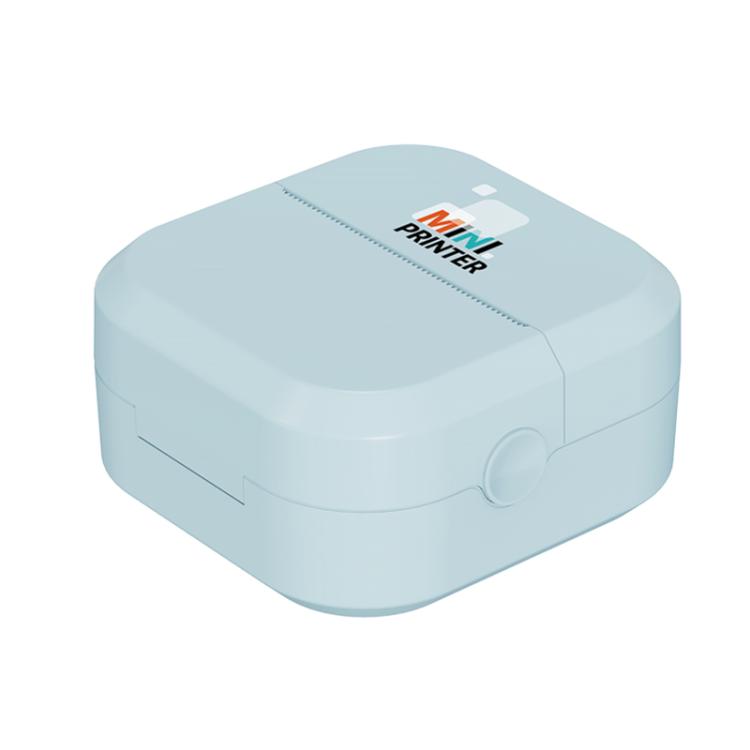 Light blue mini inkless thermal printer, angled top view