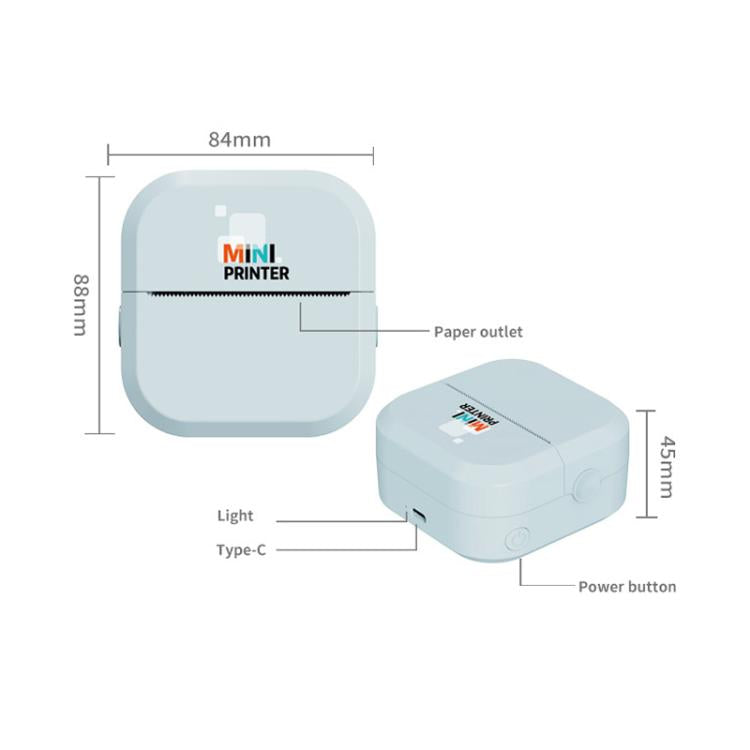 Light blue mini inkless thermal printer with labeled paper outlet and buttons