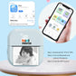 Light blue mini inkless thermal printer with smartphone showing the iPrint app