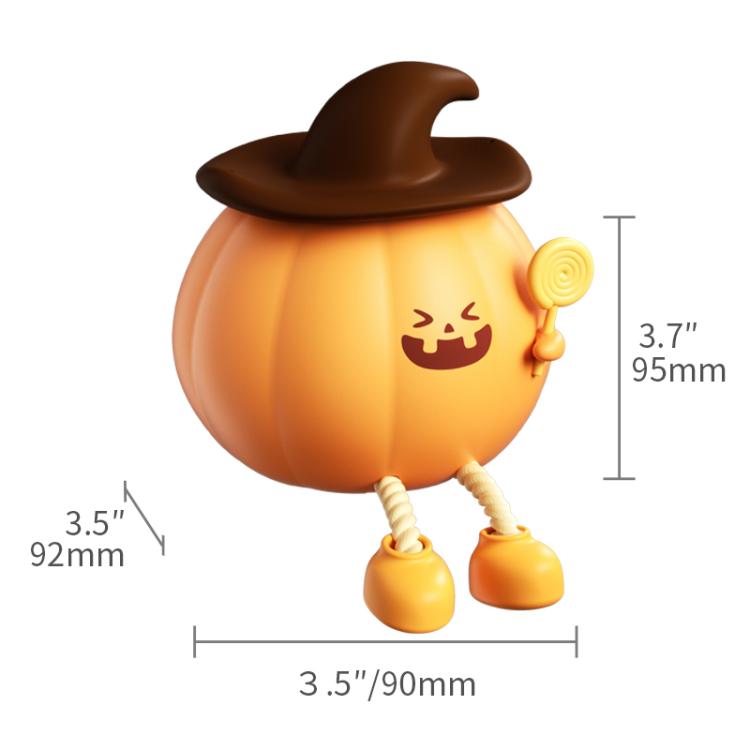 Pumpkin-shaped silicone night light with jack-o’-lantern face, brown hat, and size dimensions