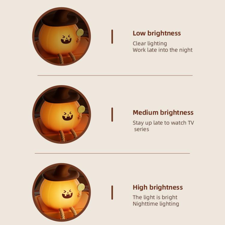 Three brightness levels shown on an orange silicone pumpkin night light with jack-o’-lantern face