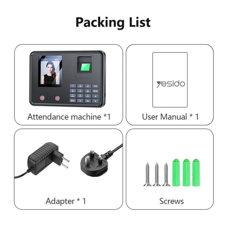 Fingerprint attendance machine kit with unit, manual, adapter, and screws
