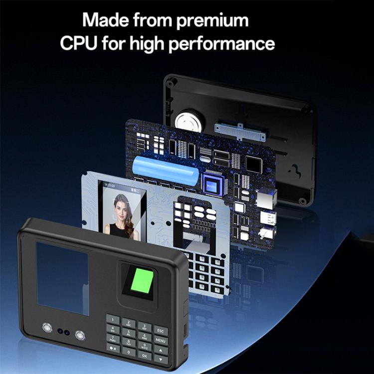 Yesido fingerprint attendance machine with front display, keypad, and internal circuit view