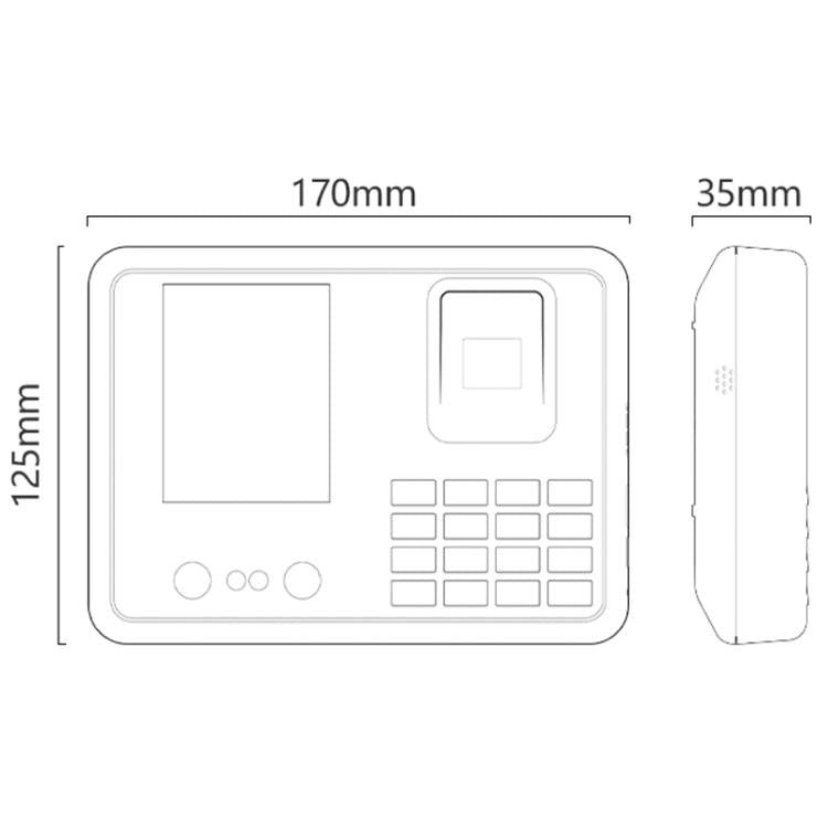 Fingerprint attendance machine outline with keypad; dimensions 170 x 125 mm