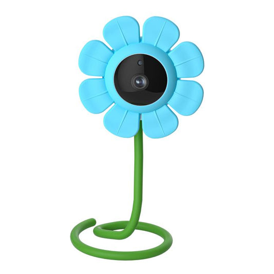 Blue flower-shaped baby monitor camera with round black lens and green flexible stand