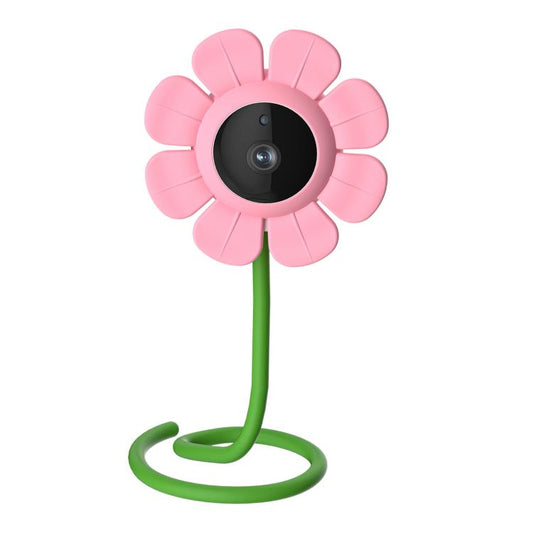 Pink flower-shaped baby monitor camera with round black lens and green flexible stand