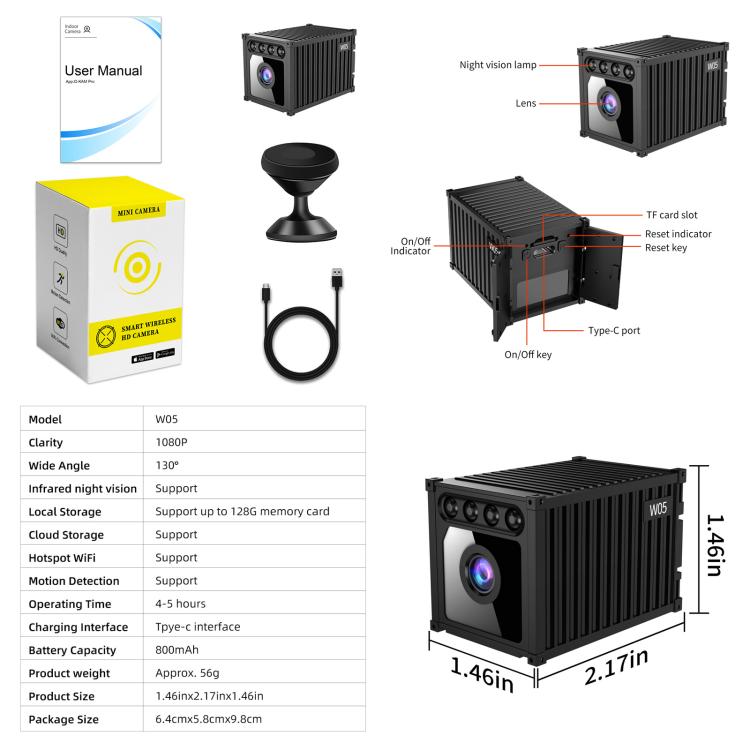 Black mini wireless security camera diagram with stand, cable, and user manual