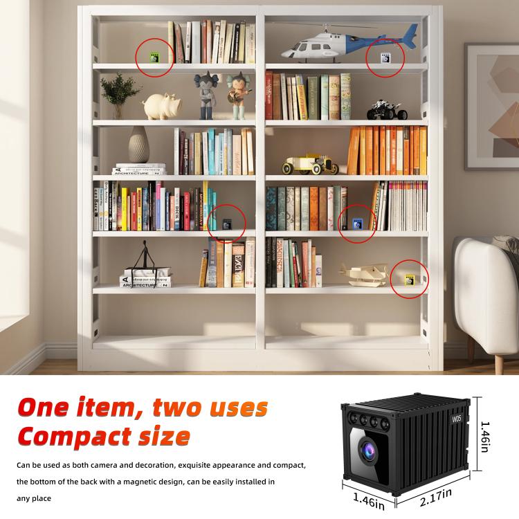 Black mini wireless security camera placed on a shelf for home monitoring