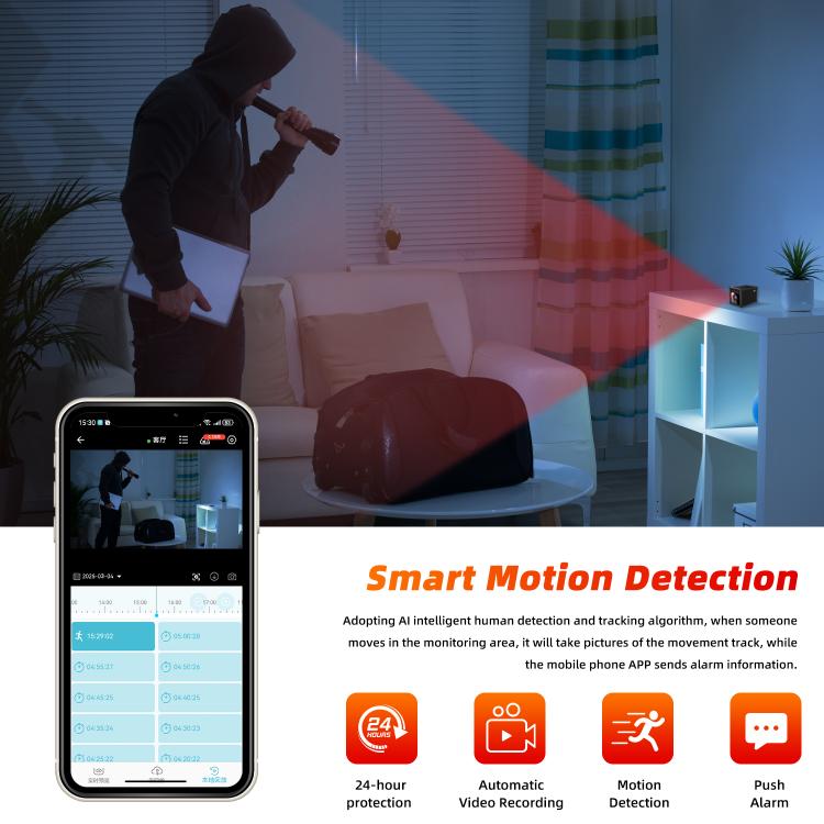 Black mini wireless security camera with smartphone app preview for motion alerts