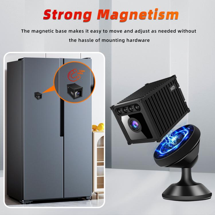 Black mini wireless security camera with magnetic base and mounting hardware