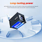 Black mini wireless security camera angled with front lens and power capacity callout