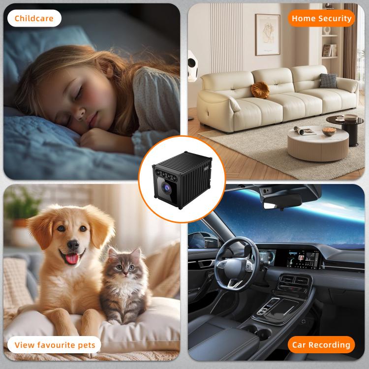 Black mini wireless security camera shown for home, pets, and car recording