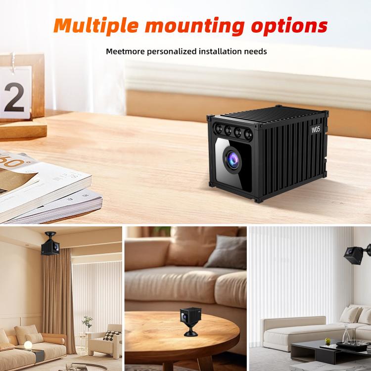 Black mini wireless security camera displayed with multiple mounting option setups