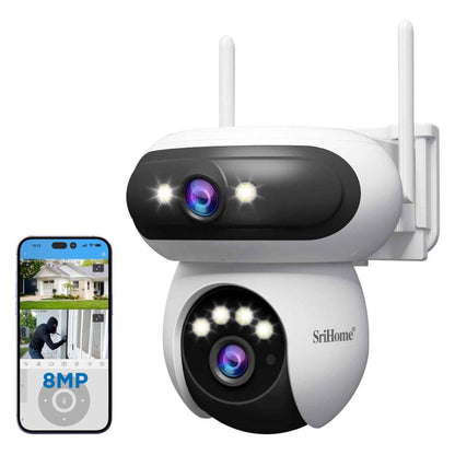 Outdoor WiFi security camera with two antennas, white body and black lens housing