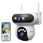 Dual-lens wireless security camera with two antennas, white-and-black dome body