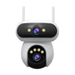 Front view of dual-lens WiFi security camera with two antennas, white body