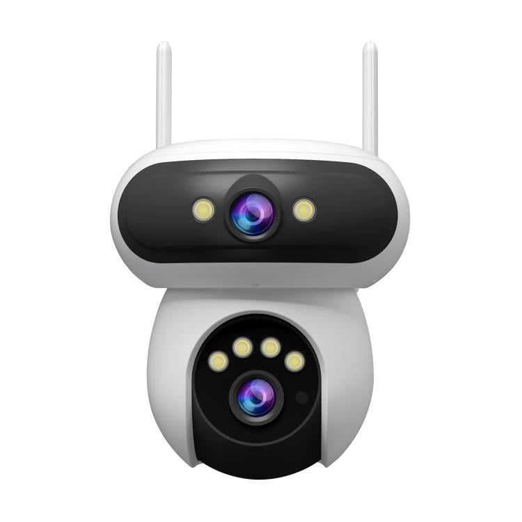 Front view of dual-lens WiFi security camera with two antennas, white body
