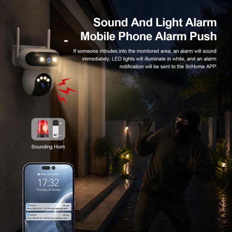 Outdoor security camera with dual lenses, two antennas, and built-in alarm light, wall-mounted