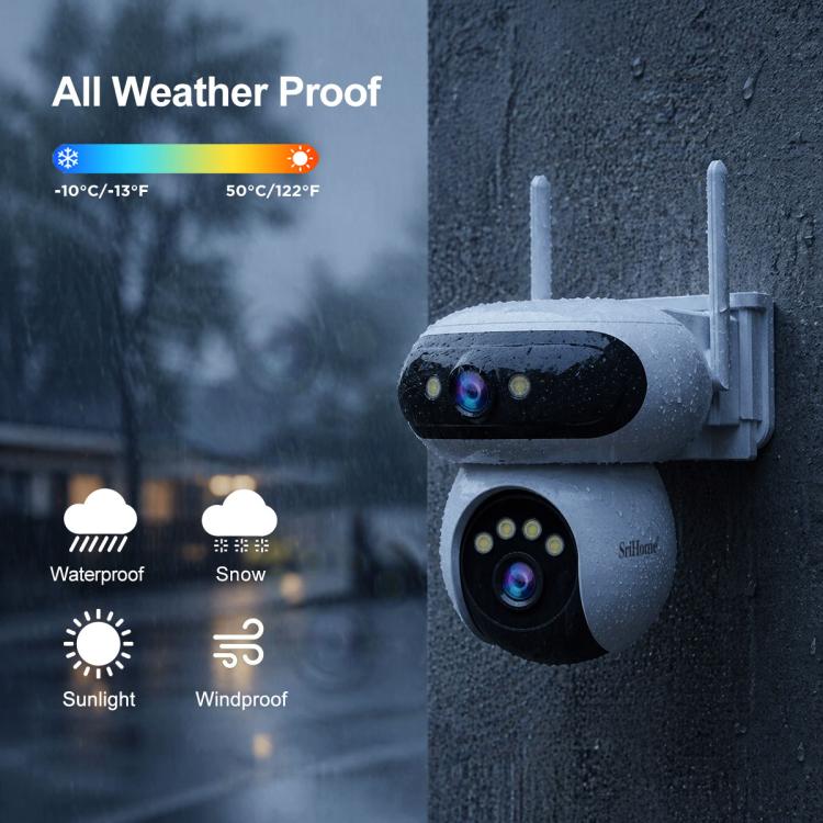 All-weather outdoor WiFi security camera with dual lenses, two antennas, and protective casing