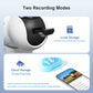 Security camera showing SD card slot and cloud storage concept, white dual-lens design