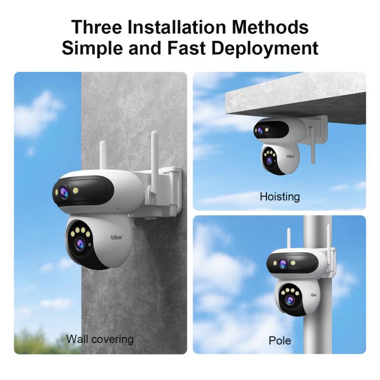 Outdoor WiFi security camera in three installation positions: wall covering and pole mounting
