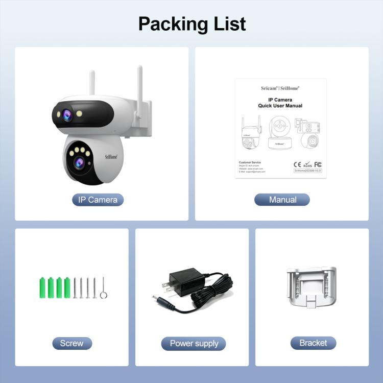 Security camera package contents: outdoor camera, manual, screws, power supply, and bracket
