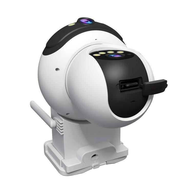 Side view of dual-lens WiFi security camera, white body with black sensor section