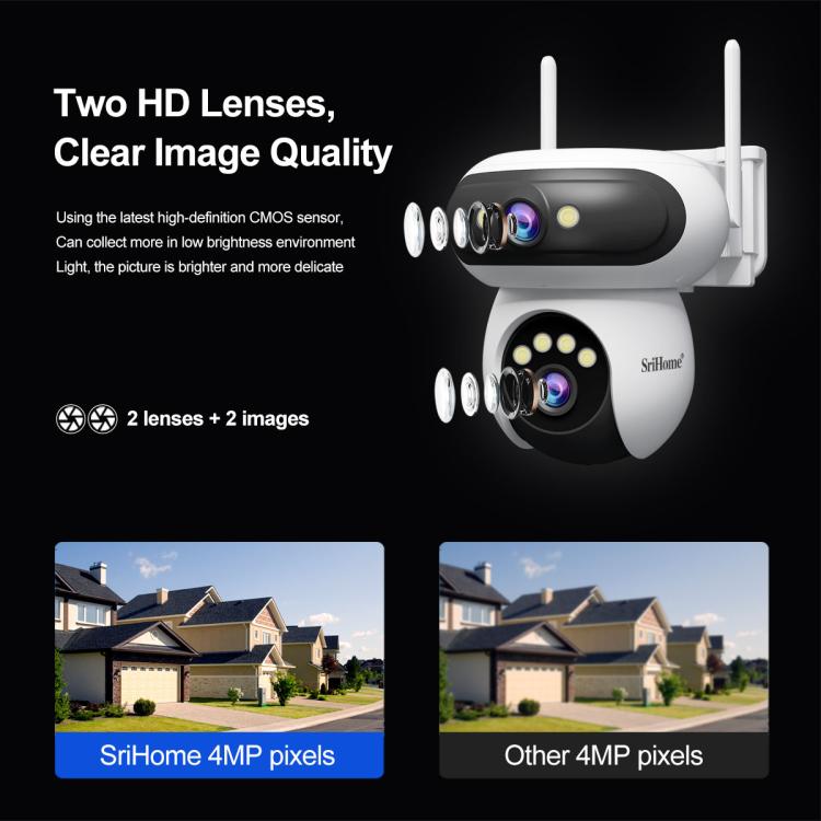 Dual-lens WiFi security camera showing two lens units on a white and black housing