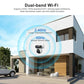 Wall-mounted dual-lens WiFi security camera with two antennas on white exterior housing