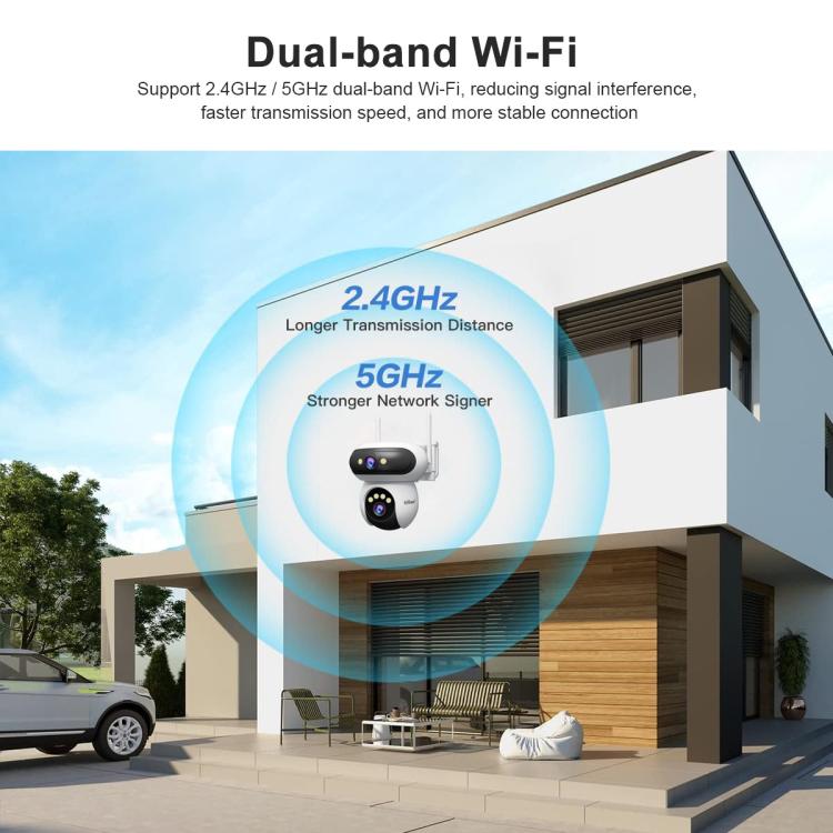 Wall-mounted dual-lens WiFi security camera with two antennas on white exterior housing