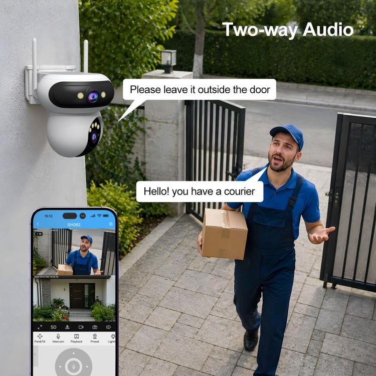 Outdoor wireless auto-tracking security camera with dual lens and two antennas, wall-mounted