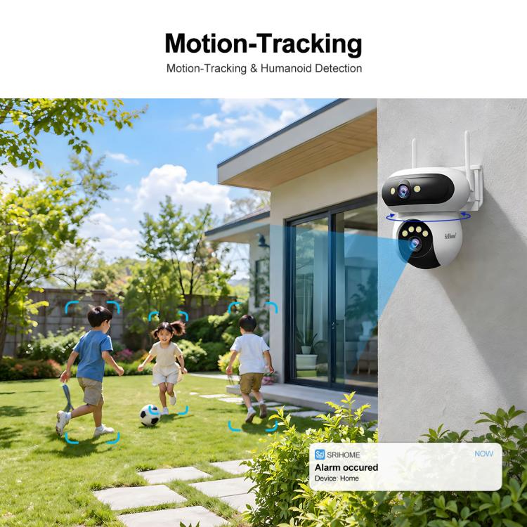 Outdoor motion-tracking WiFi security camera with two antennas and dual lenses, mounted outside