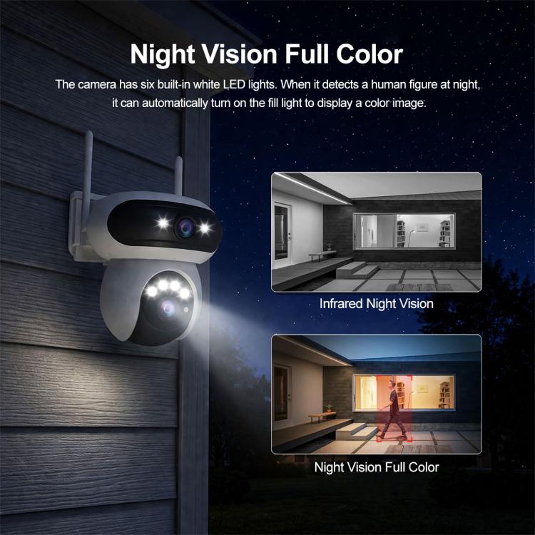 Outdoor night-vision color security camera with two antennas and dual lenses, wall-mounted