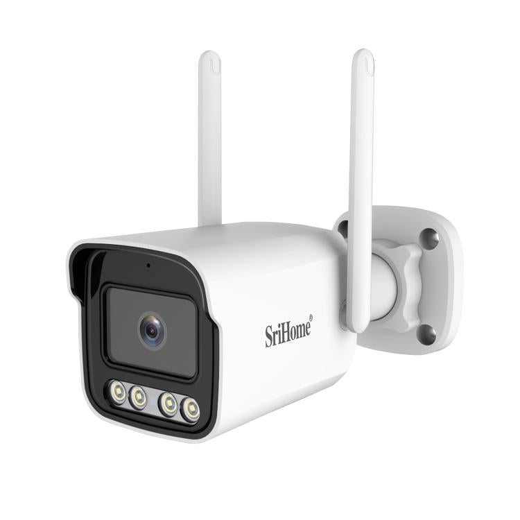 Srihome outdoor security camera, white housing with two tall antennas and front lens