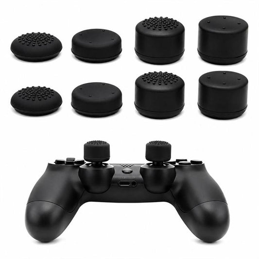 Set of 8 black silicone joystick thumb grip caps with raised dot texture