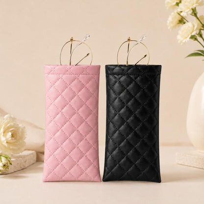 2-pack quilted PU leather glasses pouches, pink and black, open-top with metal loop
