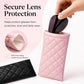 Pink PU leather glasses pouch with quilted exterior and soft inner lining, lens inserted