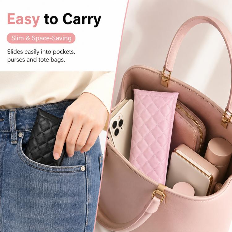 Pink quilted PU leather glasses pouch in a tote bag, open-top slip-in storage