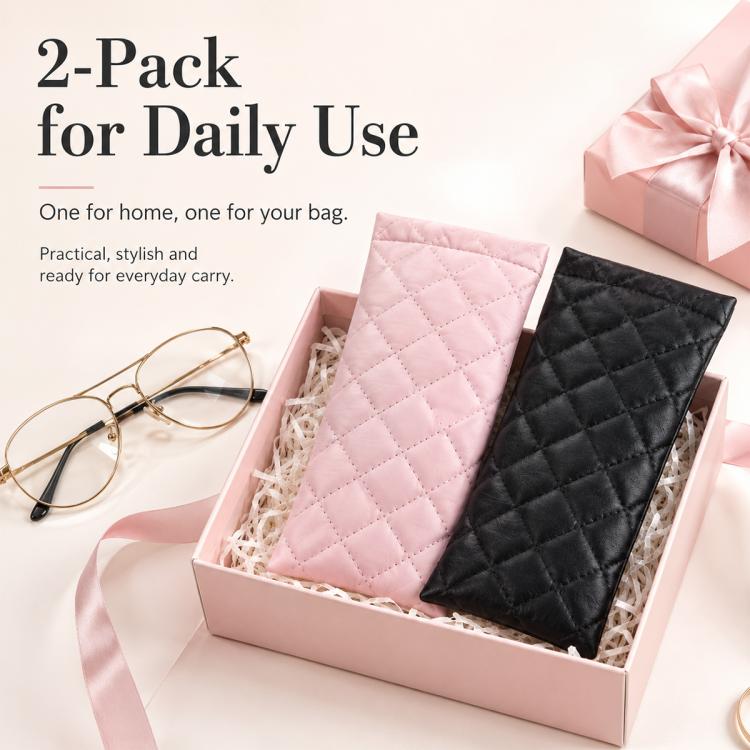 2-pack quilted PU leather glasses pouches, pink and black, in rectangular box