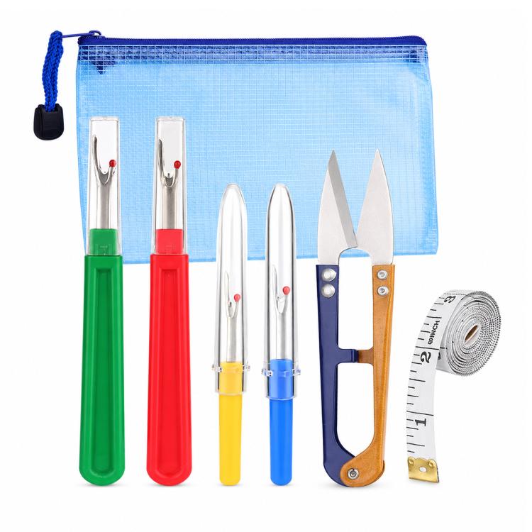 DIY seam ripper kit set with colored handles, thread snips, measuring tape, storage pouch