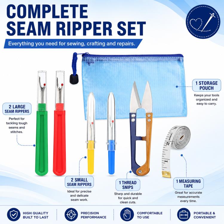 DIY seam ripper set with storage pouch, colored seam rippers, thread snips, measuring tape