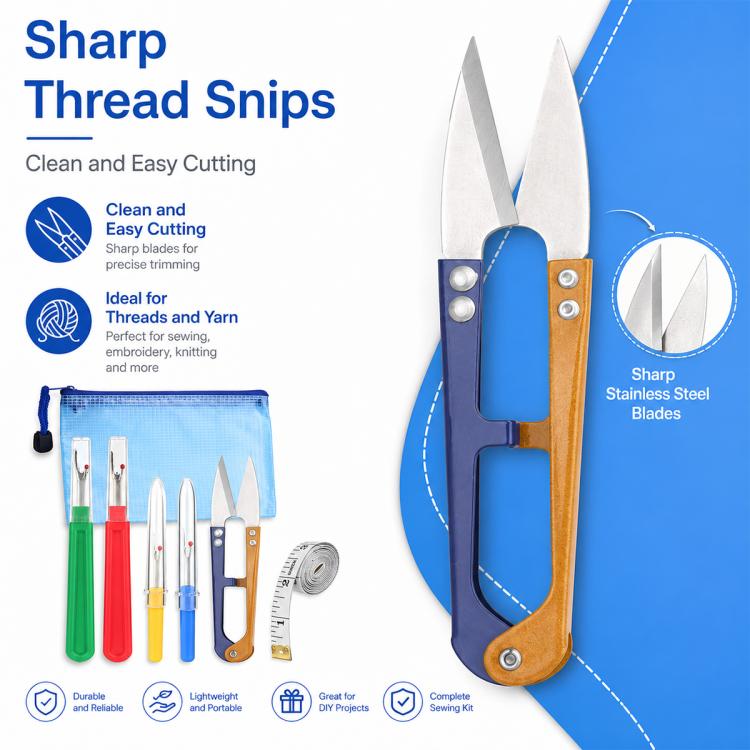 DIY seam ripper kit with thread snips featuring stainless-steel blades and colored handle