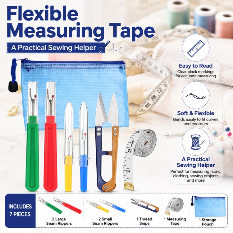 DIY seam ripper kit with flexible measuring tape, thread snips, and colored seam rippers