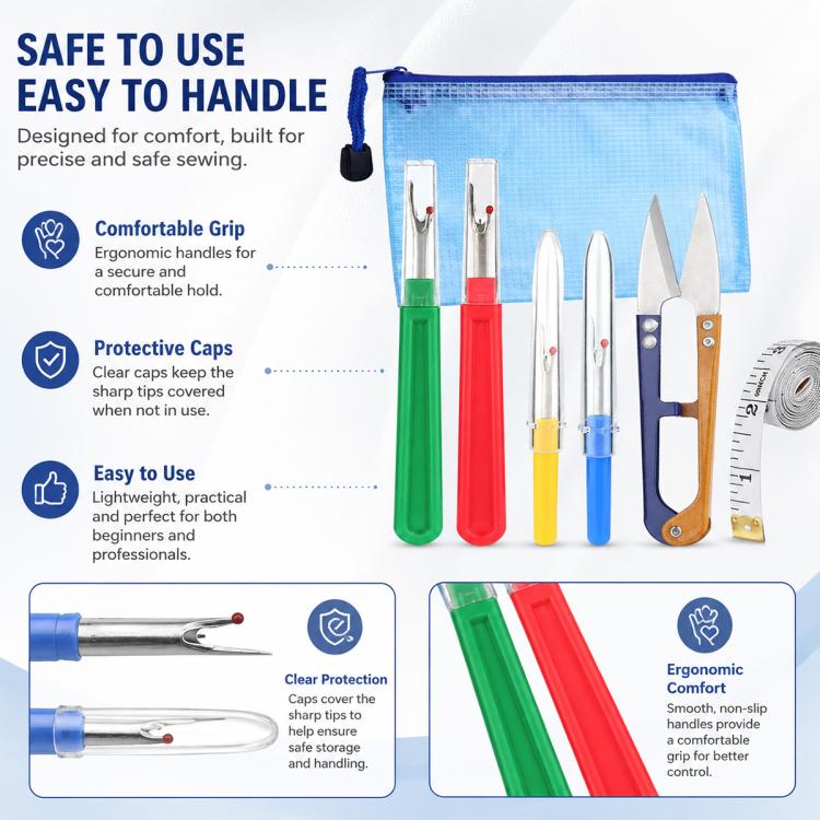 DIY seam ripper set with protective caps and ergonomic grip seam rippers in a pouch