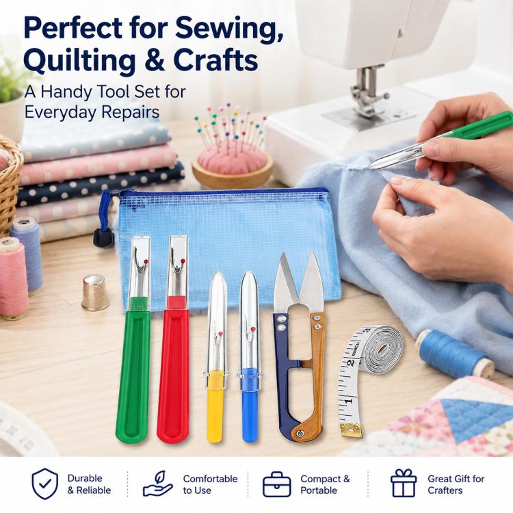 DIY seam ripper kit on work surface with hand holding a green seam ripper