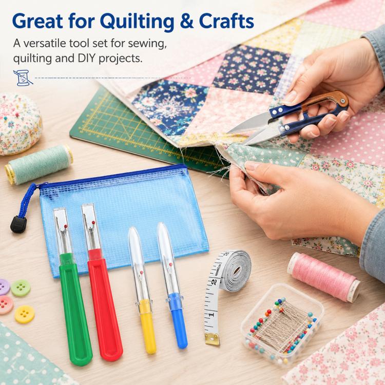 DIY seam ripper kit and thread snips being used on fabric, with storage pouch nearby