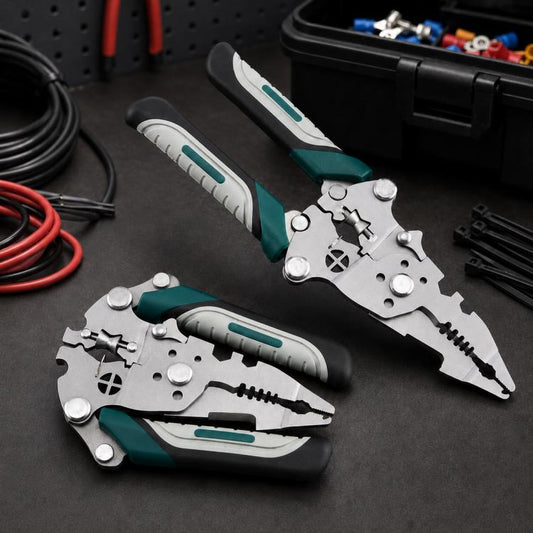 Multi-functional foldable cable stripping pliers with green grips, shown as a set.