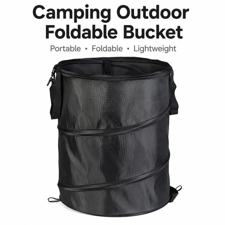 Black foldable camping bucket with straps, portable lightweight design